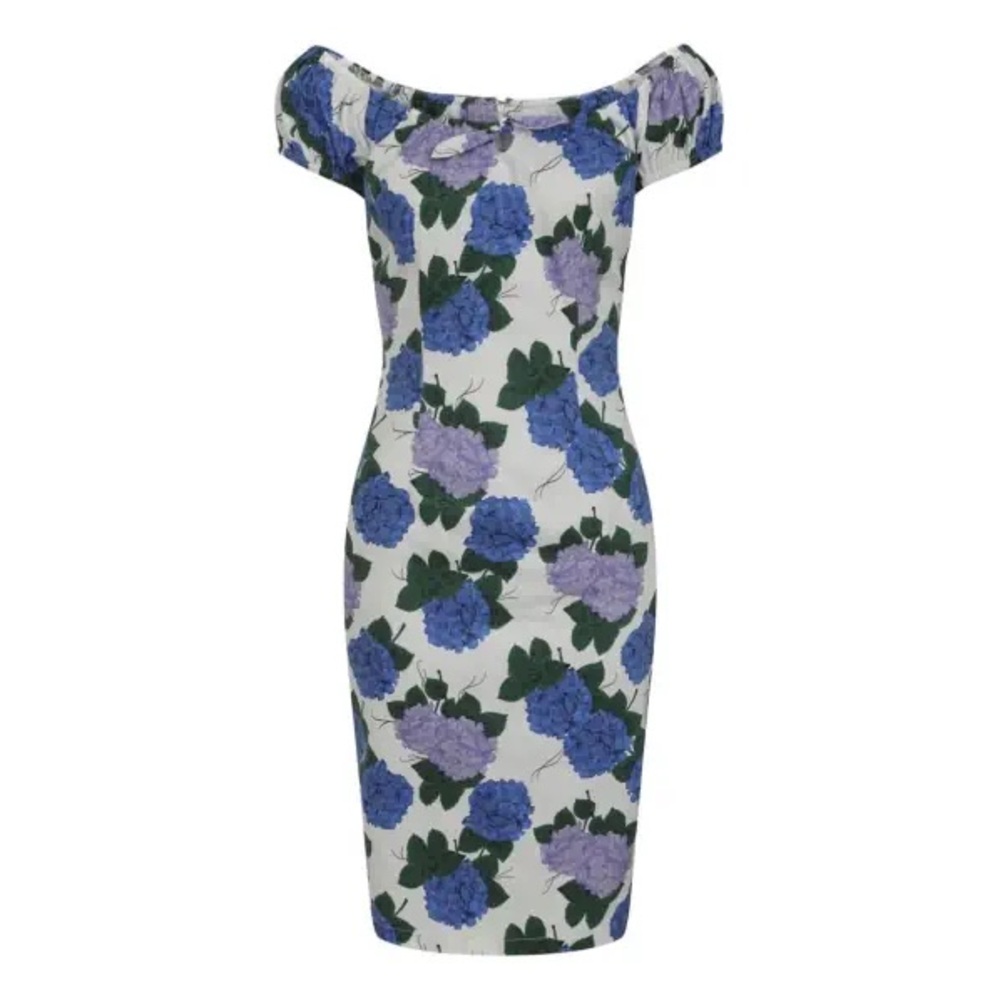Collectif Floral Pencil Dress 8 White Blue Pinup hydrangea Lilac Retro 50’s VTG